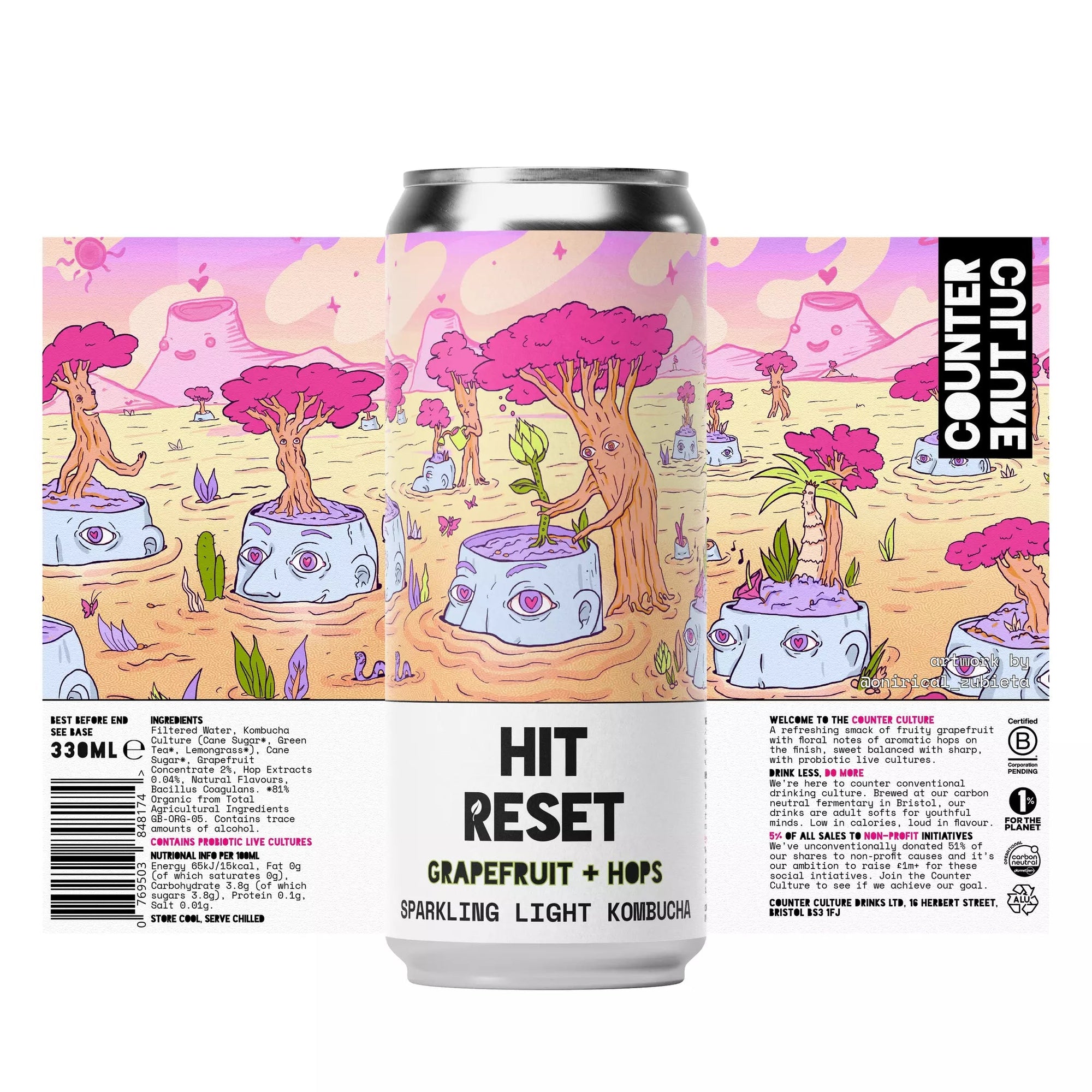 Can of Hit Reset kombucha with label